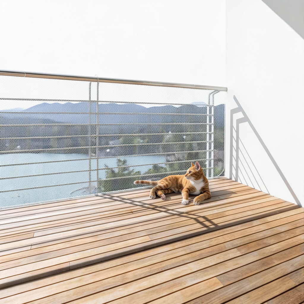 JUMXSRLE Cat Balcony Net installed on a balcony railing