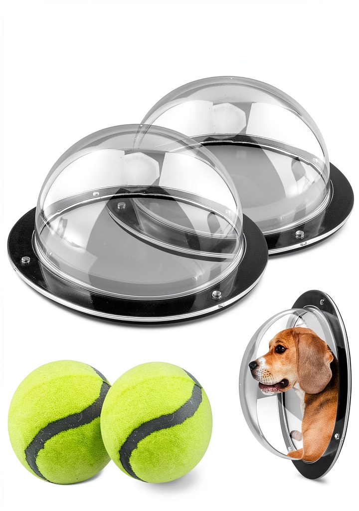 Kakalote pet window installed on a fence with a dog looking through the dome