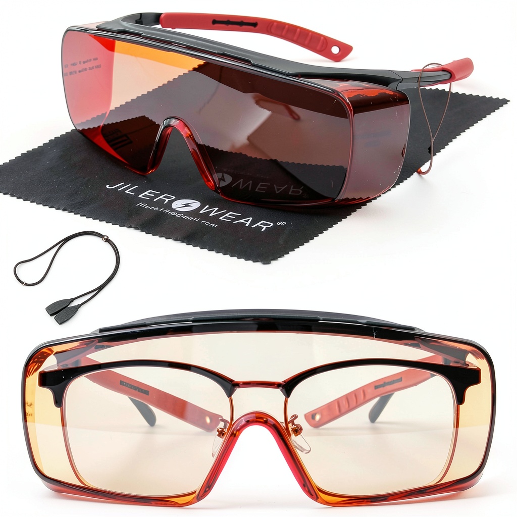 JILERWEAR dual wavelength laser safety glasses on a workbench
